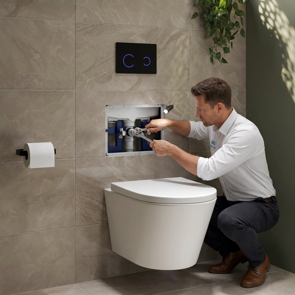 Plumber installing DAX-AQ wall-hung toilet system